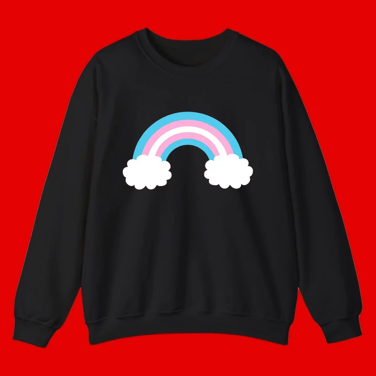 Pastel rainbow stretching between two white clouds with cyan blue and pink bands on gray background