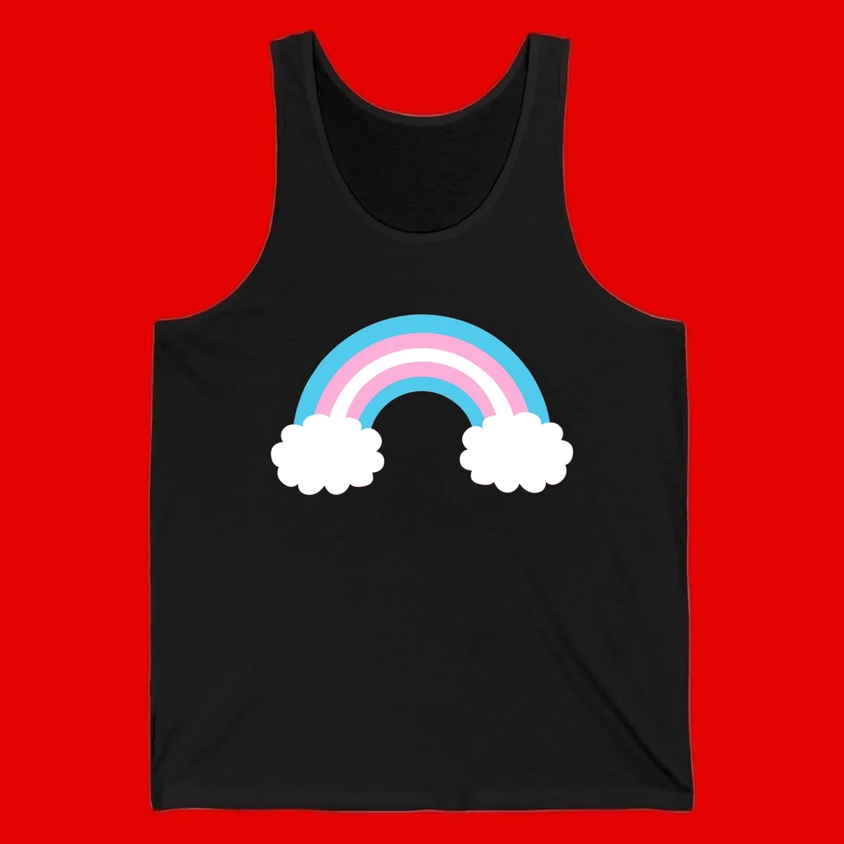 Pastel rainbow stretching between two white clouds with cyan blue and pink bands on gray background