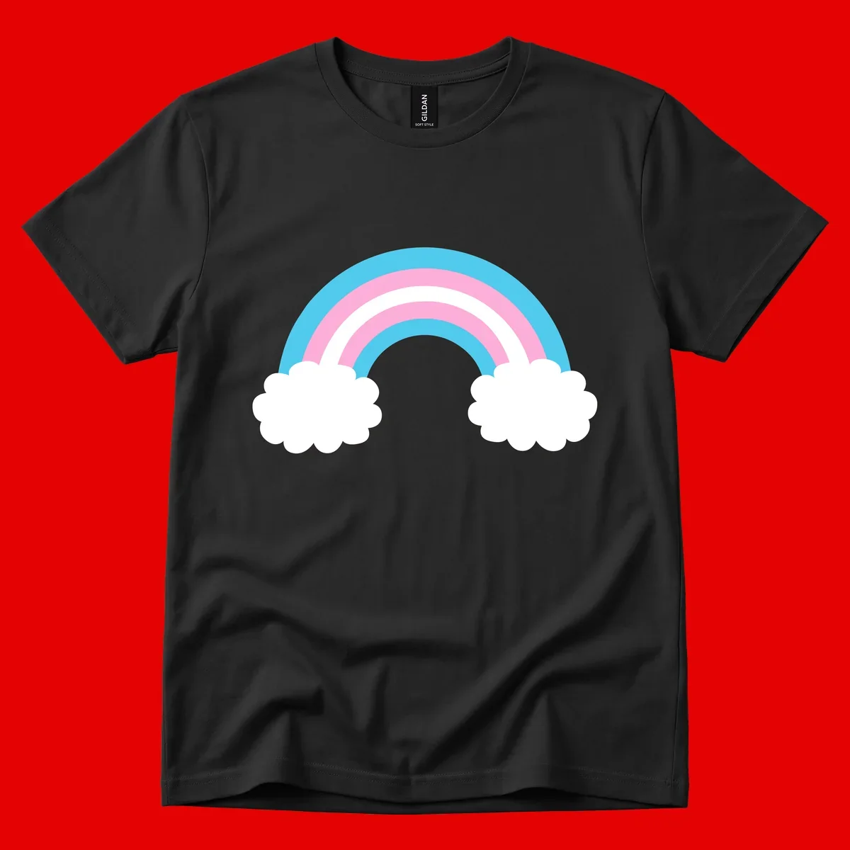 Pastel rainbow stretching between two white clouds with cyan blue and pink bands on gray background