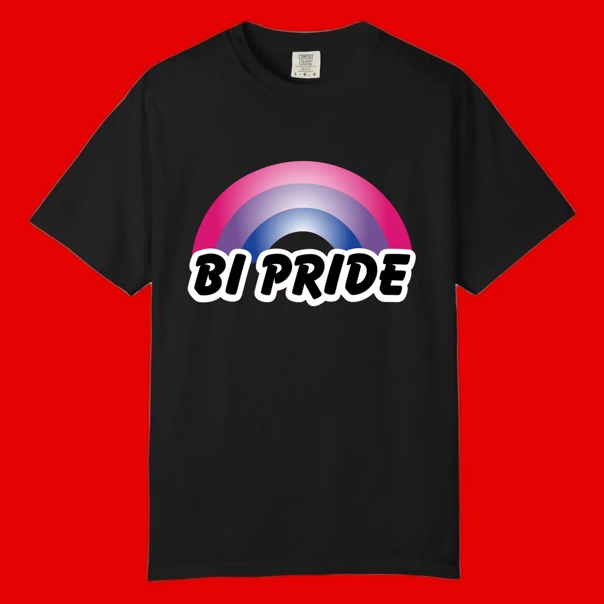 Bi pride rainbow gradient arc with concentric circles in pink, purple, and blue colors, with bold 'BI PRIDE' text below
