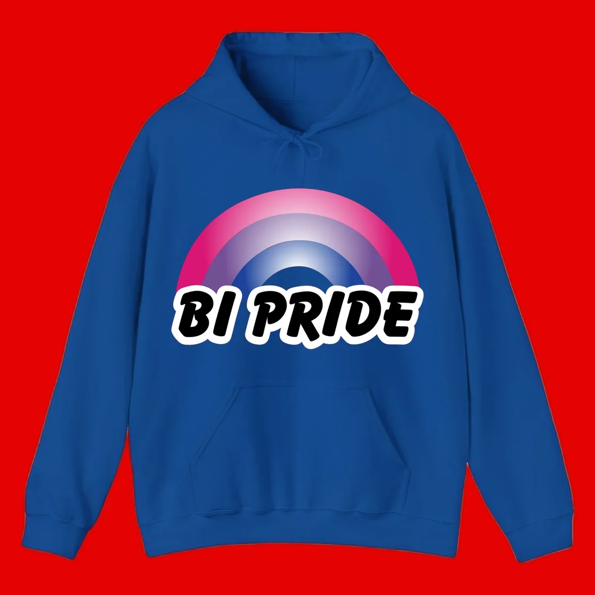 Bi pride rainbow gradient arc with concentric circles in pink, purple, and blue colors, with bold 'BI PRIDE' text below