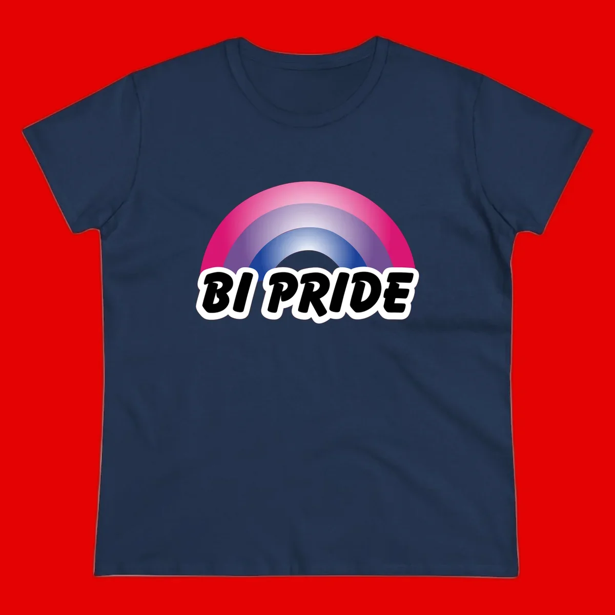 Bi pride rainbow gradient arc with concentric circles in pink, purple, and blue colors, with bold 'BI PRIDE' text below