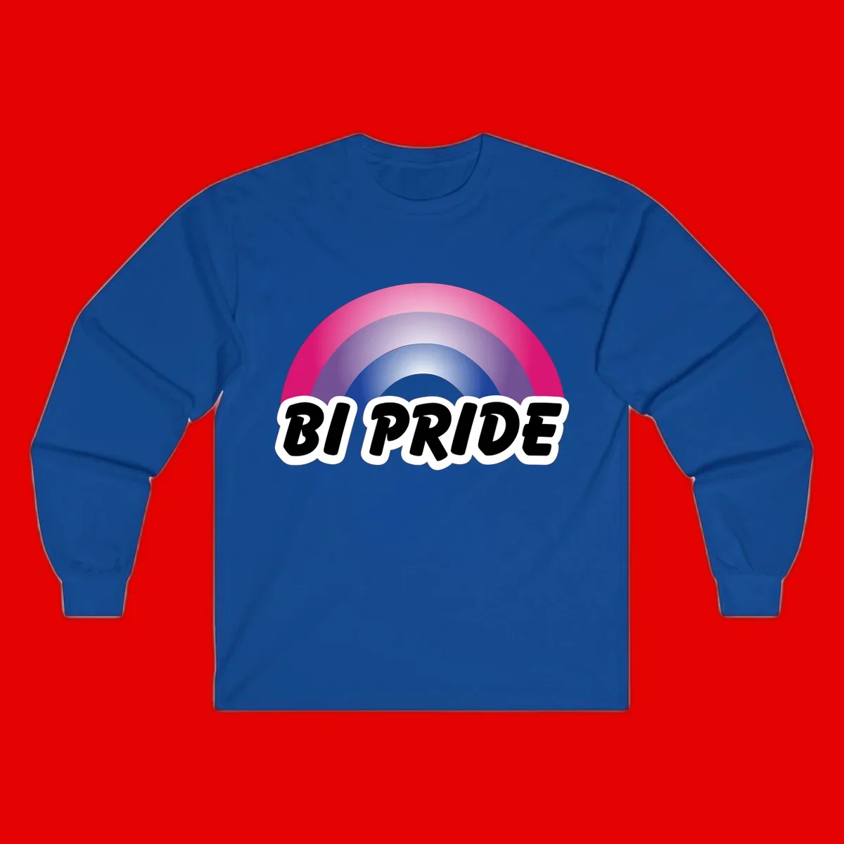 Bi pride rainbow gradient arc with concentric circles in pink, purple, and blue colors, with bold 'BI PRIDE' text below