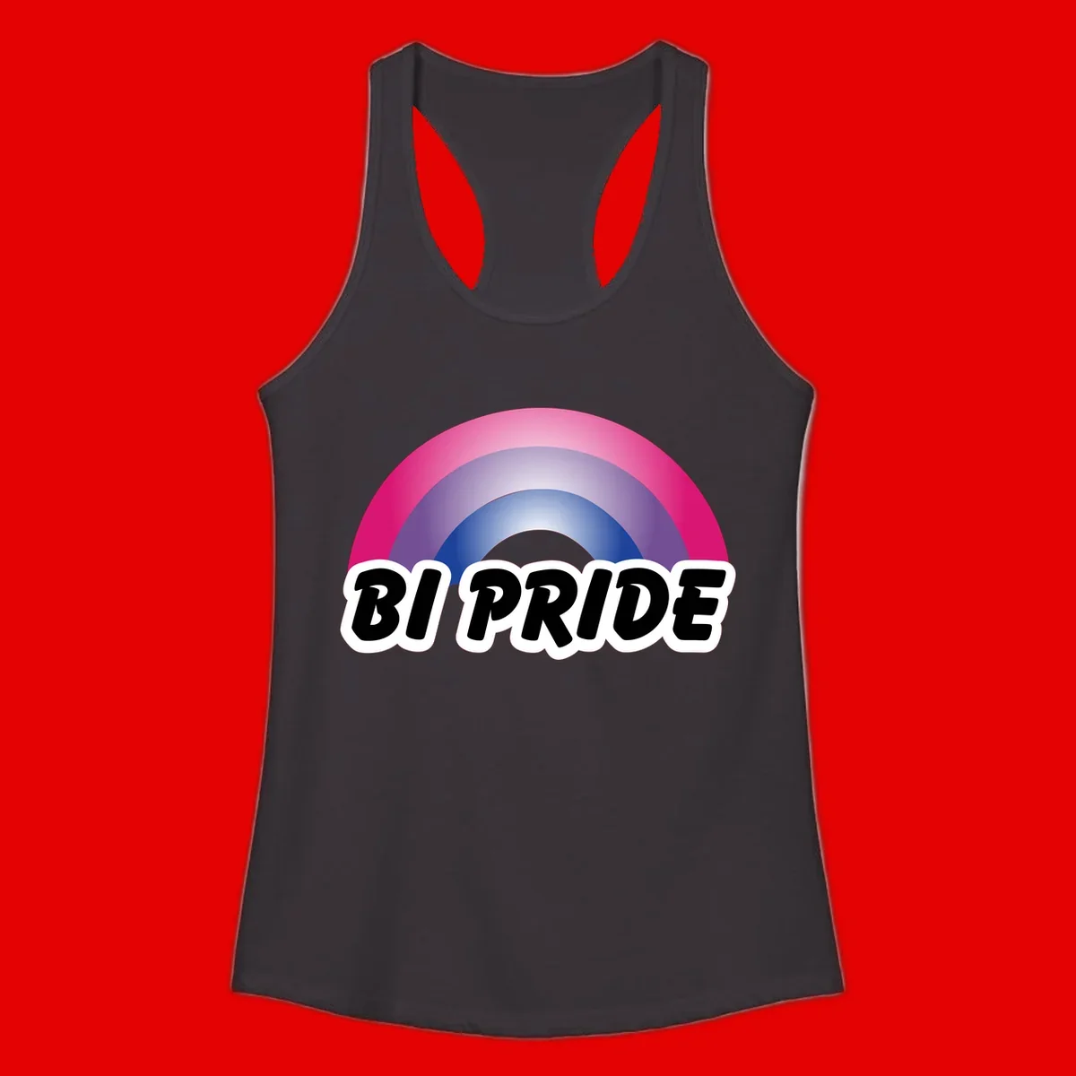 Bi pride rainbow gradient arc with concentric circles in pink, purple, and blue colors, with bold 'BI PRIDE' text below
