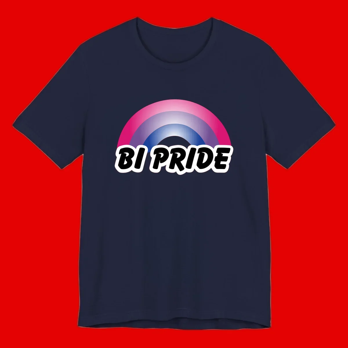 Bi pride rainbow gradient arc with concentric circles in pink, purple, and blue colors, with bold 'BI PRIDE' text below