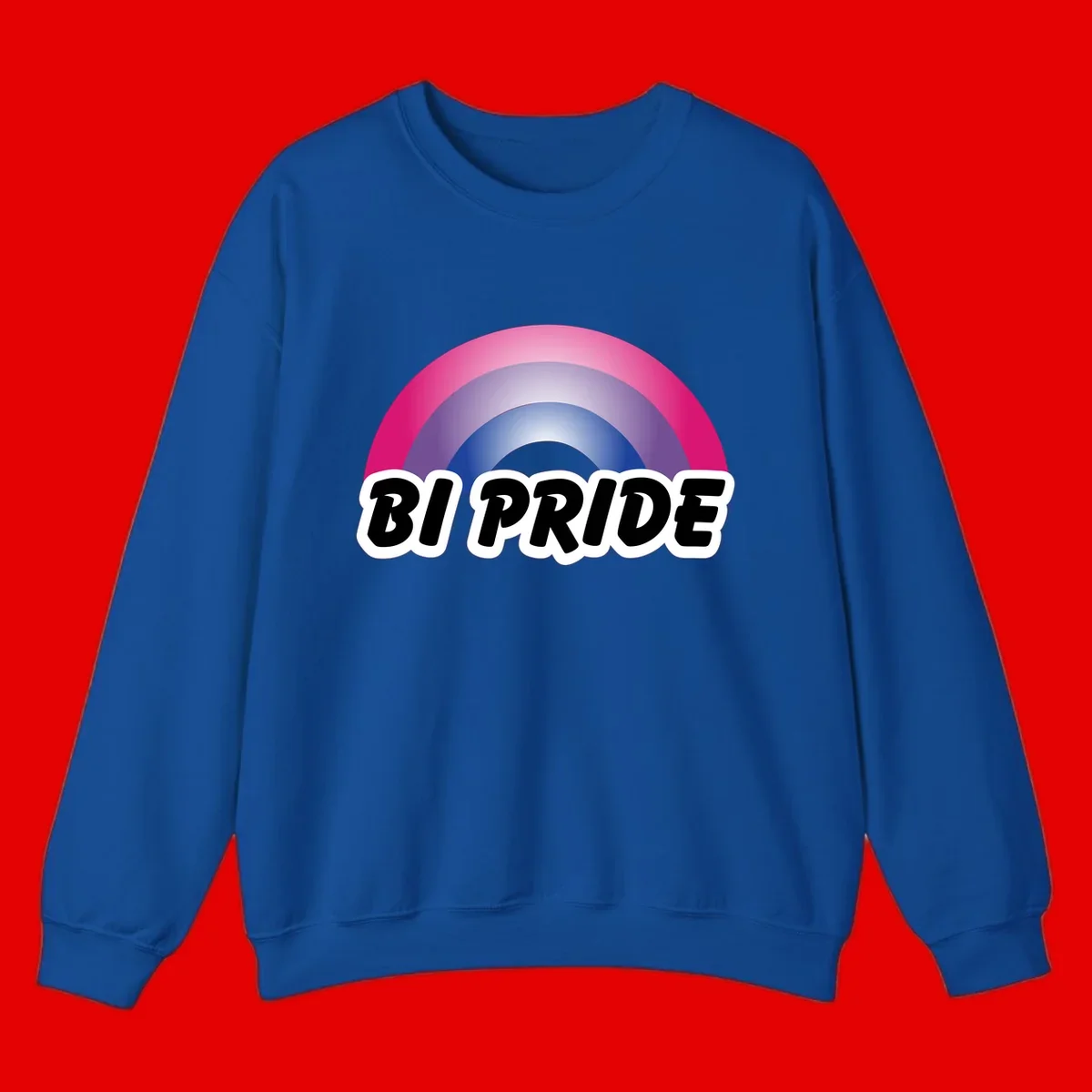 Bi pride rainbow gradient arc with concentric circles in pink, purple, and blue colors, with bold 'BI PRIDE' text below
