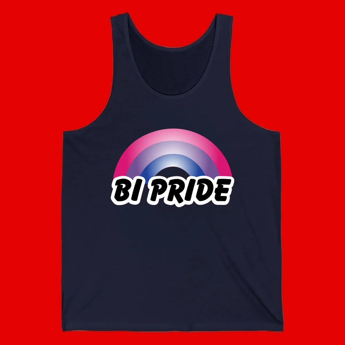Bi pride rainbow gradient arc with concentric circles in pink, purple, and blue colors, with bold 'BI PRIDE' text below