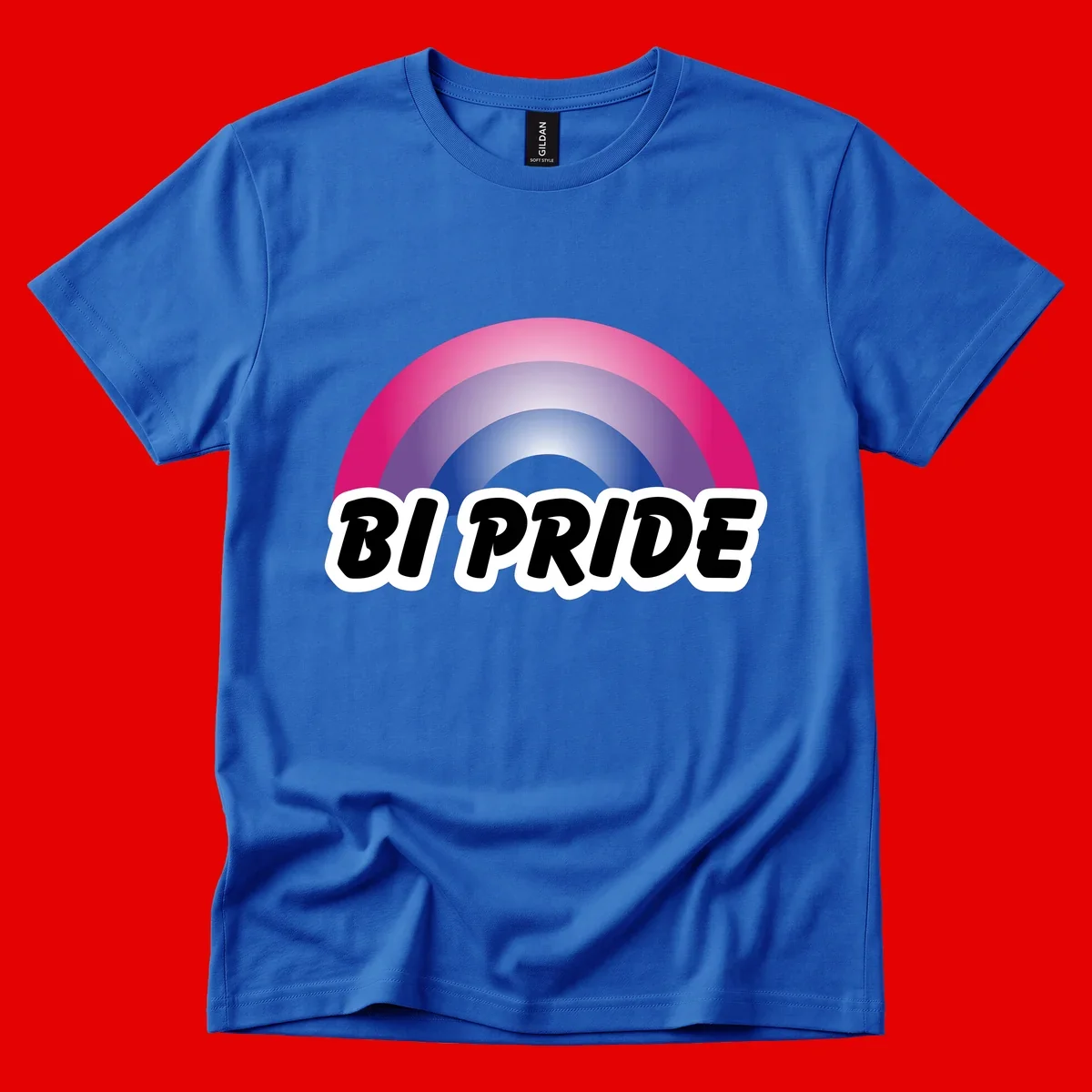 Bi pride rainbow gradient arc with concentric circles in pink, purple, and blue colors, with bold 'BI PRIDE' text below