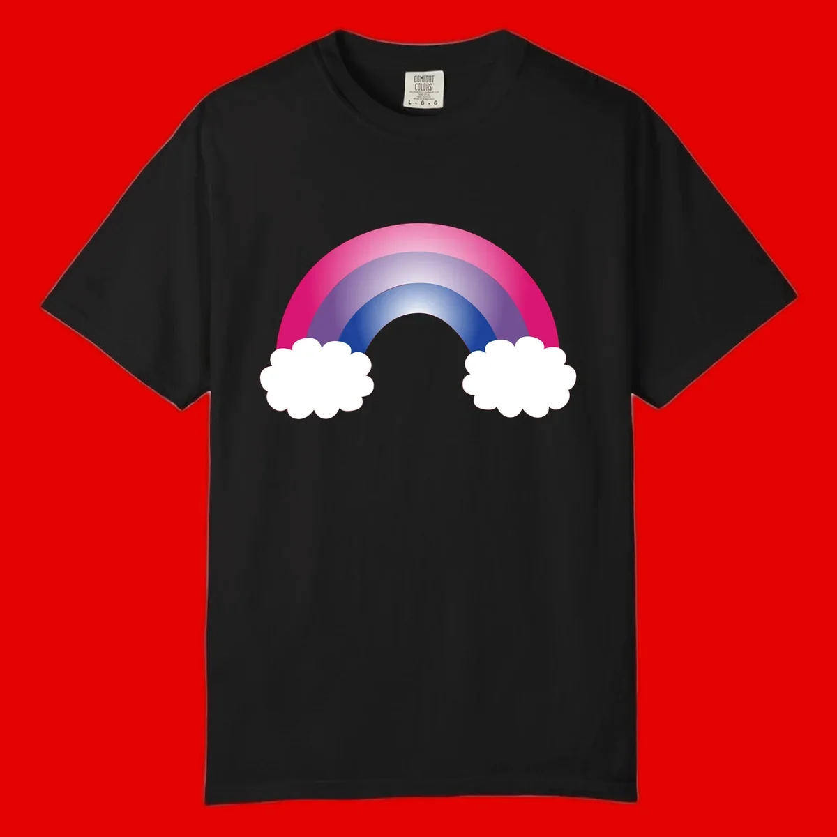 Illustration of a colorful gradient rainbow arc with pink, purple, and blue rings connecting two white fluffy clouds against a gray background