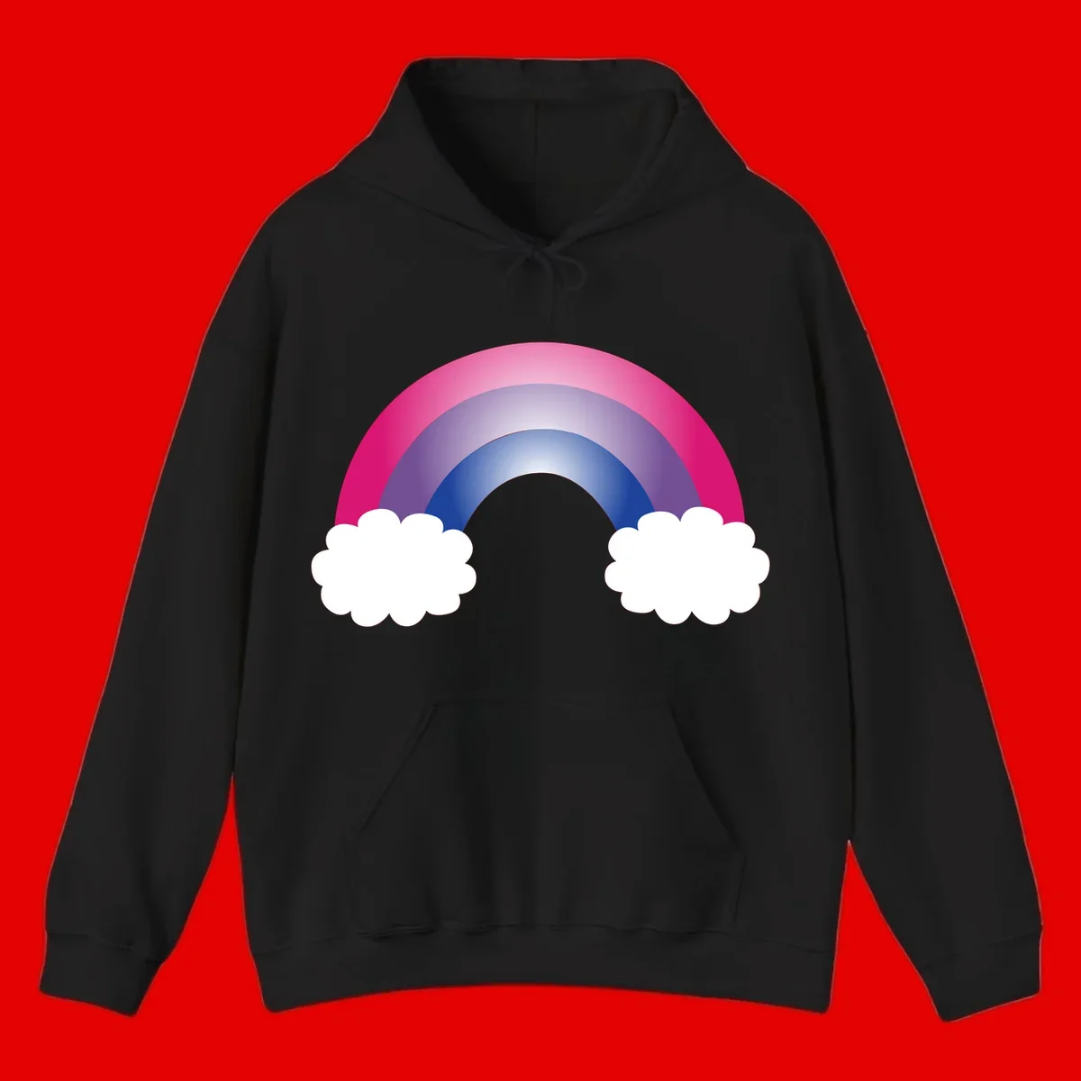 Illustration of a colorful gradient rainbow arc with pink, purple, and blue rings connecting two white fluffy clouds against a gray background