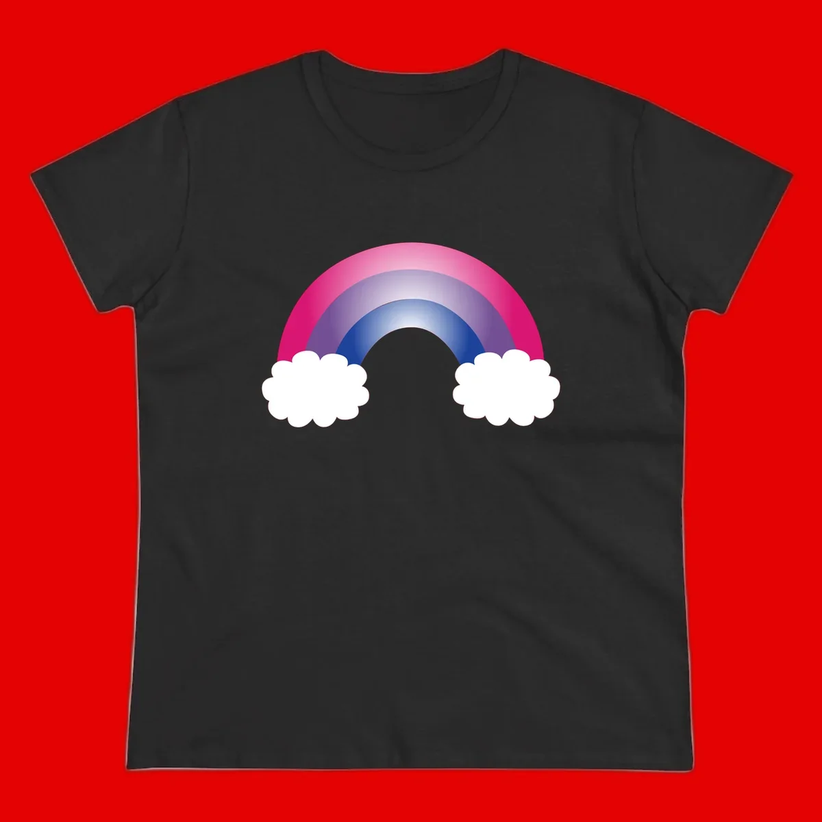 Illustration of a colorful gradient rainbow arc with pink, purple, and blue rings connecting two white fluffy clouds against a gray background