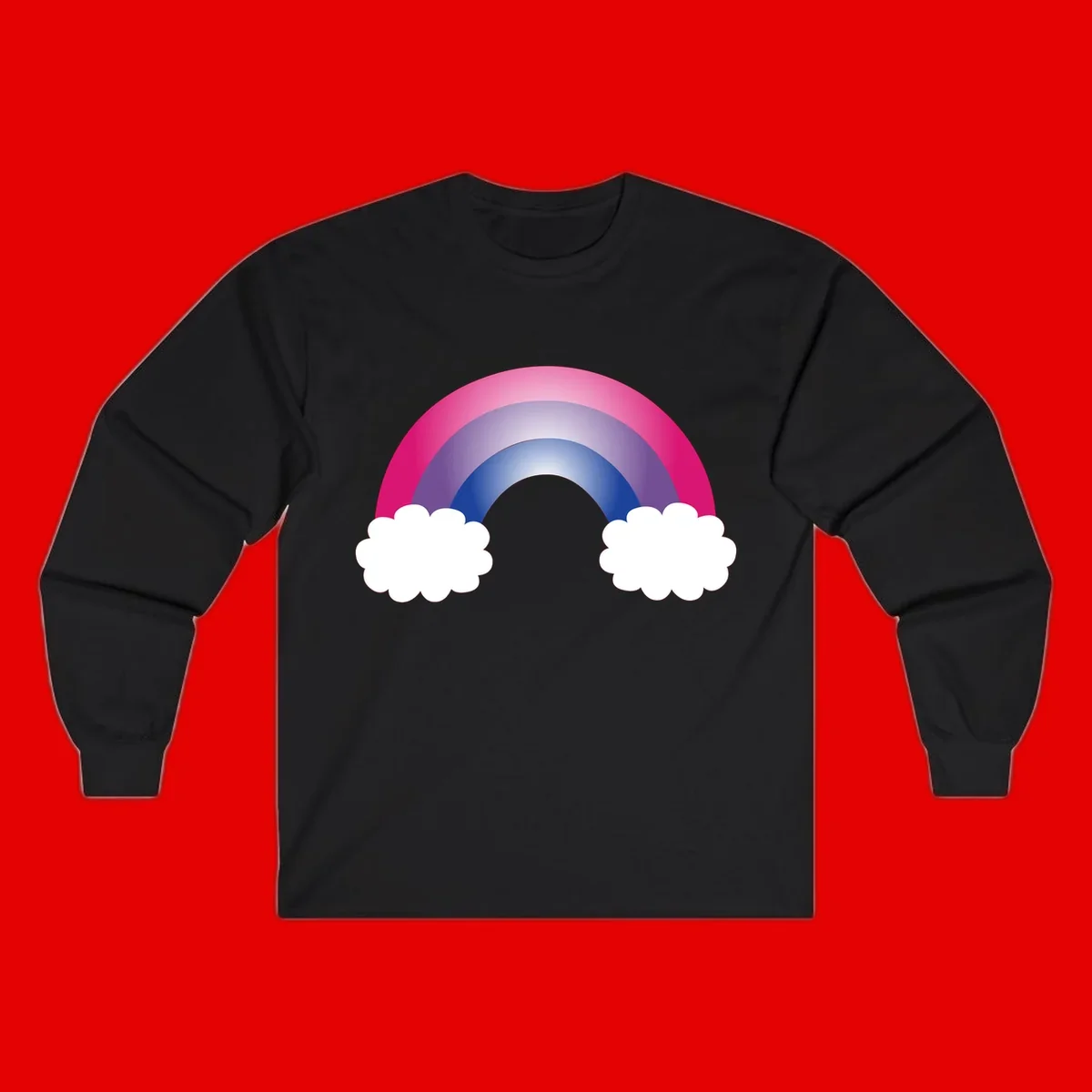 Illustration of a colorful gradient rainbow arc with pink, purple, and blue rings connecting two white fluffy clouds against a gray background