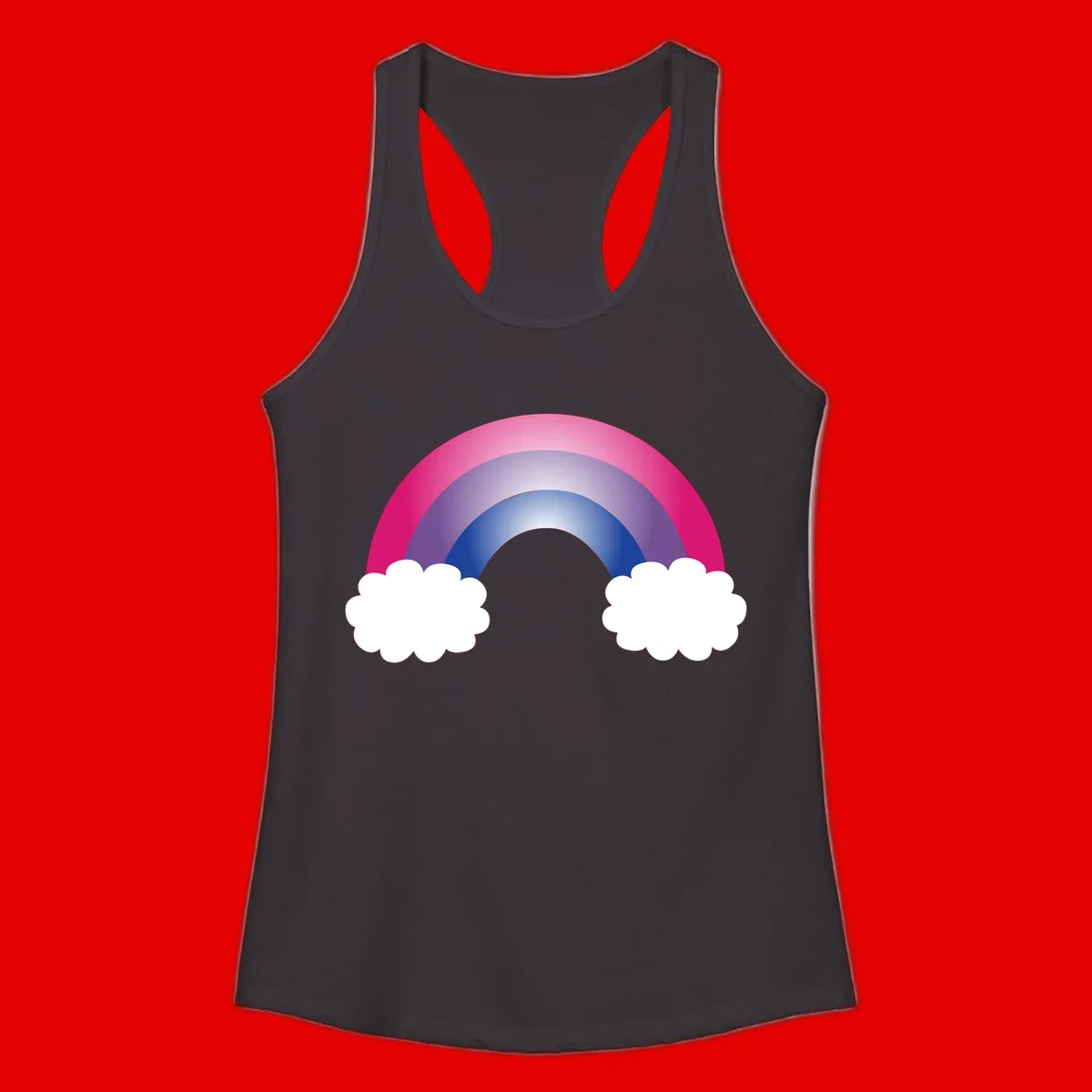 Illustration of a colorful gradient rainbow arc with pink, purple, and blue rings connecting two white fluffy clouds against a gray background