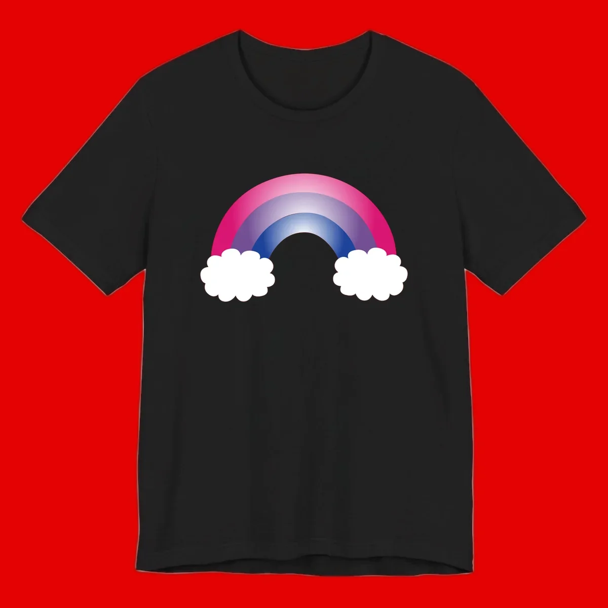 Illustration of a colorful gradient rainbow arc with pink, purple, and blue rings connecting two white fluffy clouds against a gray background