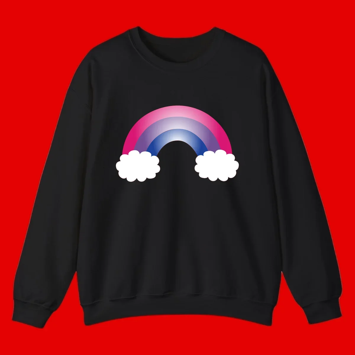 Illustration of a colorful gradient rainbow arc with pink, purple, and blue rings connecting two white fluffy clouds against a gray background