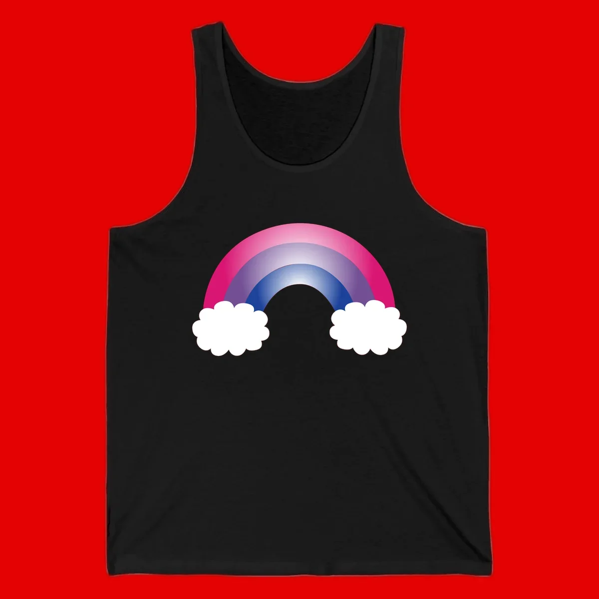 Illustration of a colorful gradient rainbow arc with pink, purple, and blue rings connecting two white fluffy clouds against a gray background
