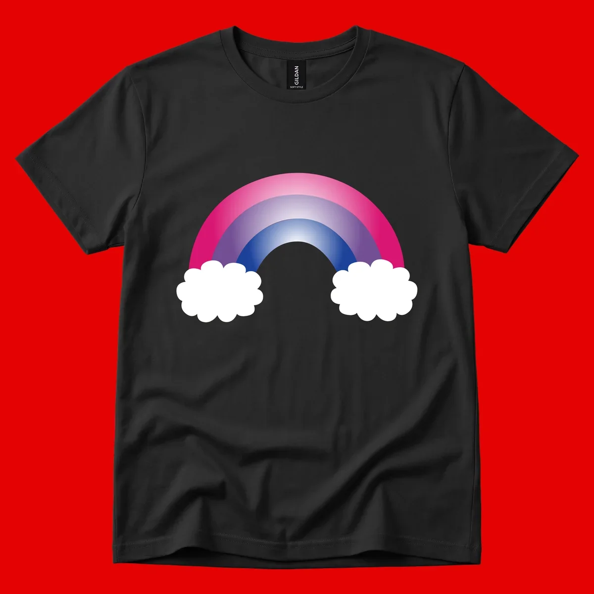 Illustration of a colorful gradient rainbow arc with pink, purple, and blue rings connecting two white fluffy clouds against a gray background