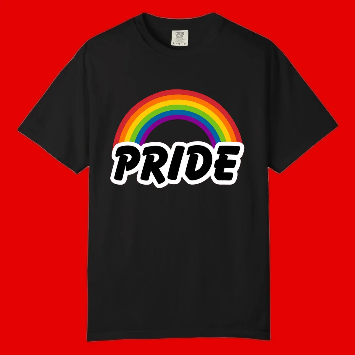 Colorful rainbow arc above bold black 'PRIDE' text with white outline on gray background