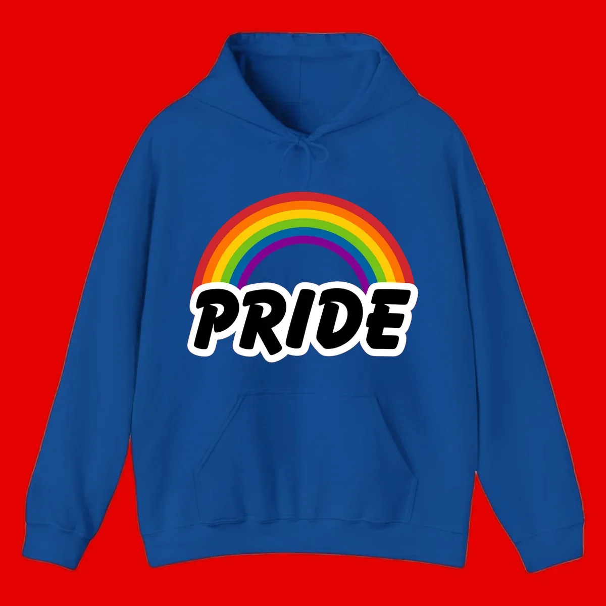 Colorful rainbow arc above bold black 'PRIDE' text with white outline on gray background