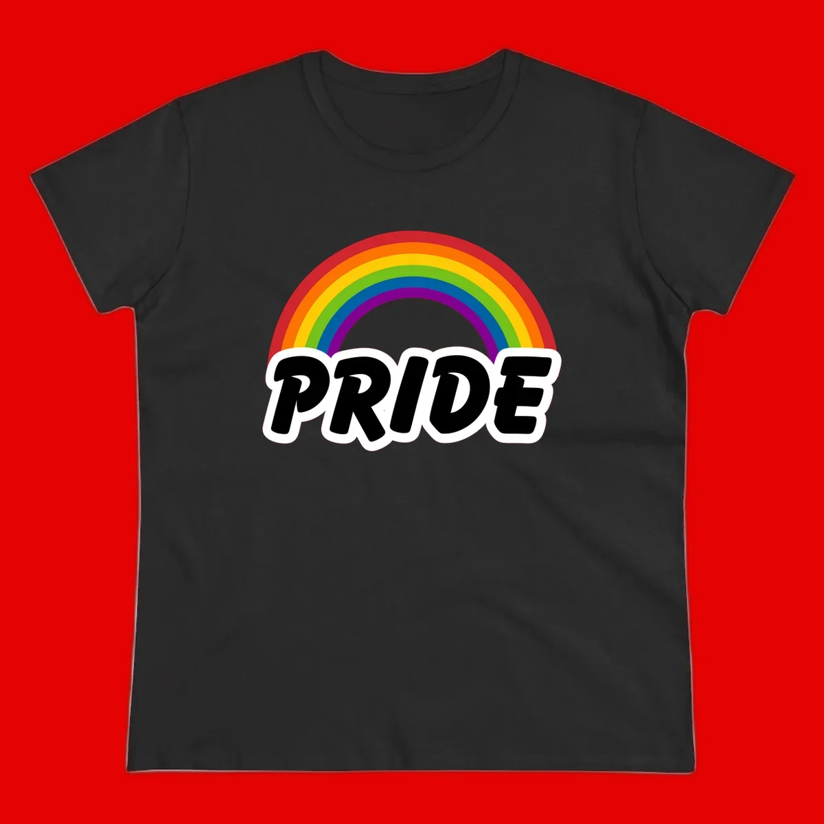 Colorful rainbow arc above bold black 'PRIDE' text with white outline on gray background