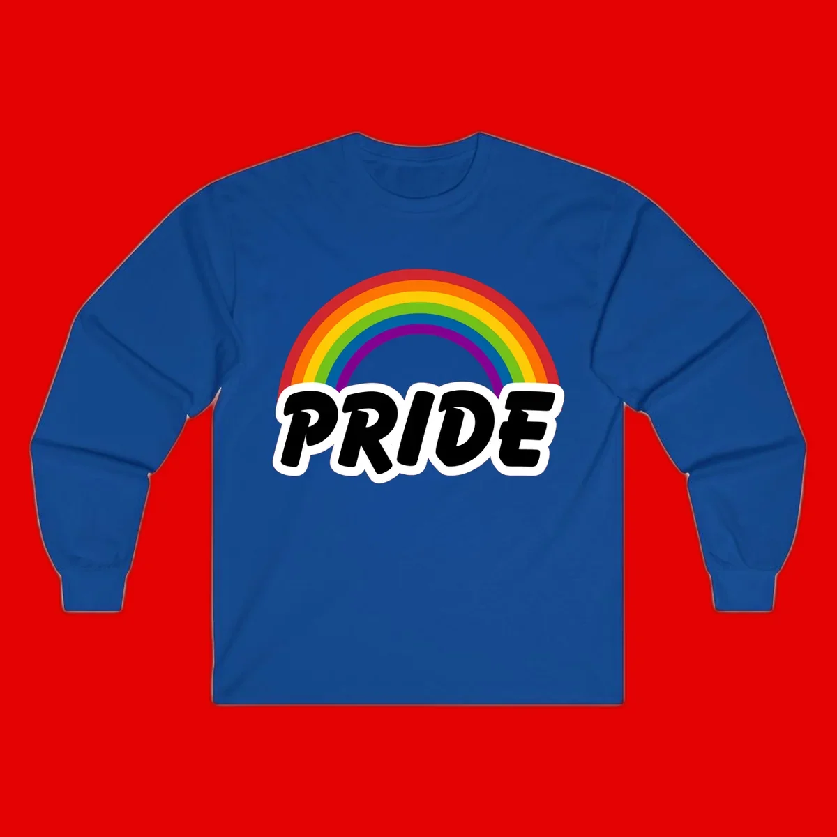 Colorful rainbow arc above bold black 'PRIDE' text with white outline on gray background