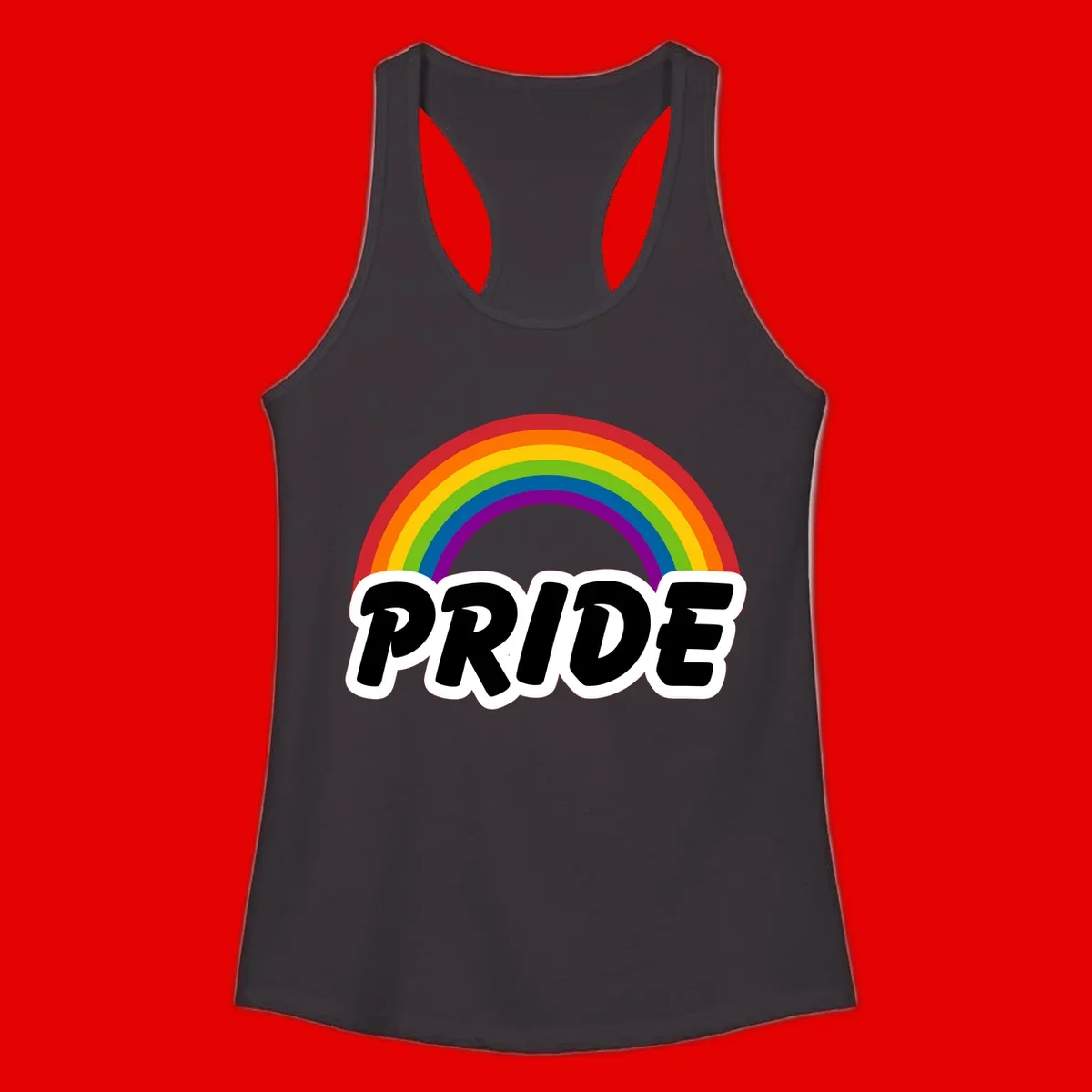 Colorful rainbow arc above bold black 'PRIDE' text with white outline on gray background