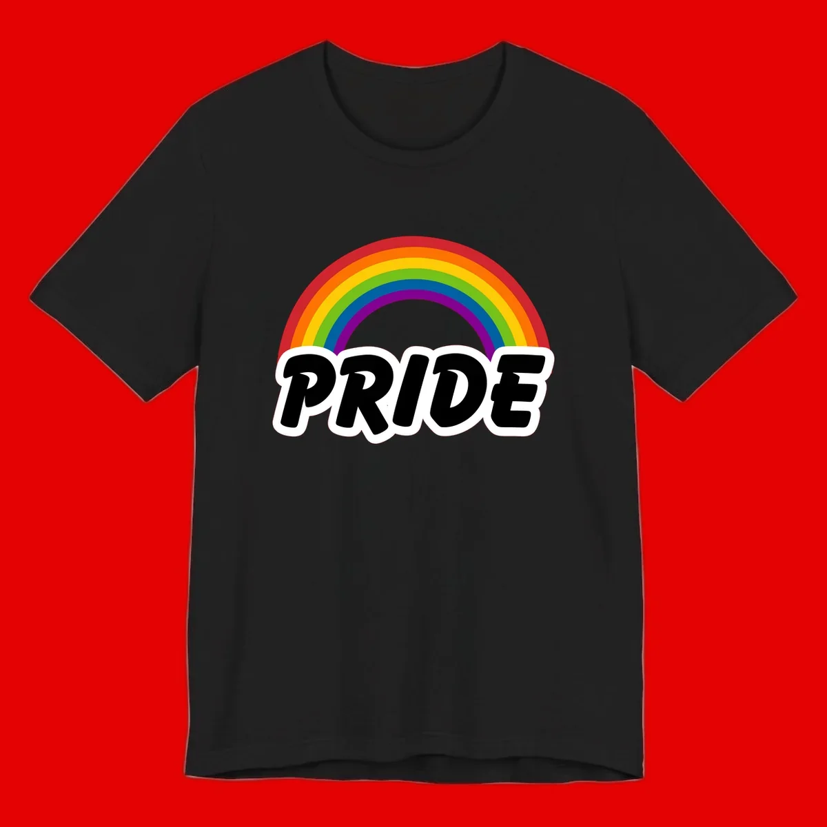 Colorful rainbow arc above bold black 'PRIDE' text with white outline on gray background