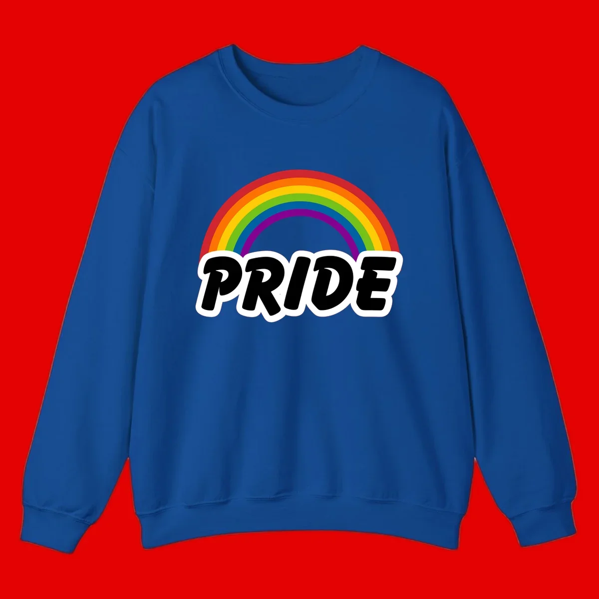 Colorful rainbow arc above bold black 'PRIDE' text with white outline on gray background