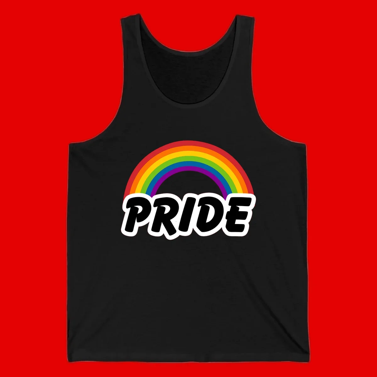 Colorful rainbow arc above bold black 'PRIDE' text with white outline on gray background