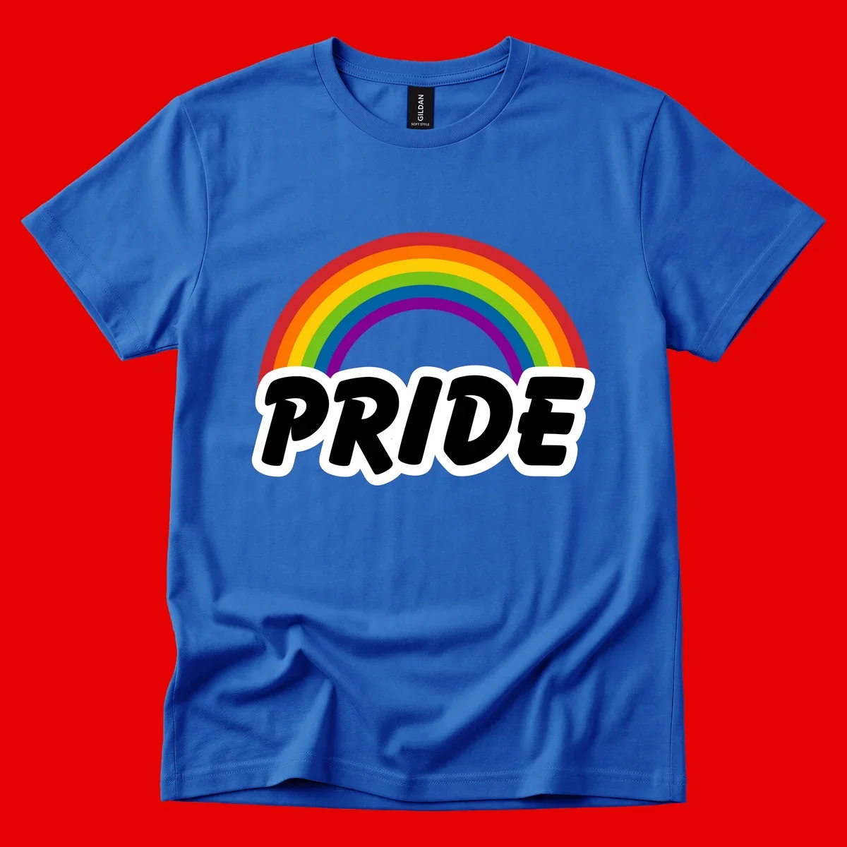 Colorful rainbow arc above bold black 'PRIDE' text with white outline on gray background