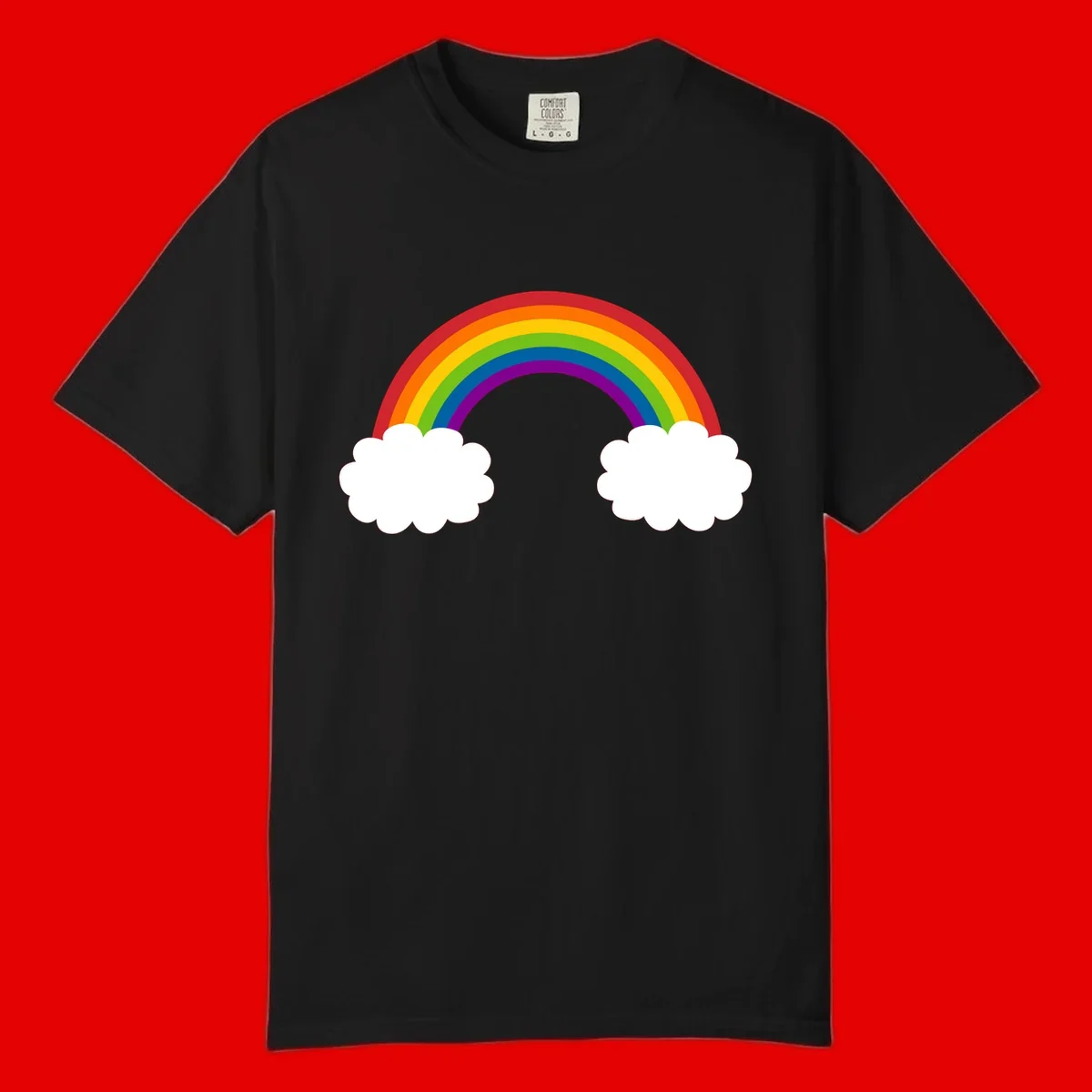 Vibrant rainbow arc spanning between two white clouds on gray background, rainbow-cloud-bridge design
