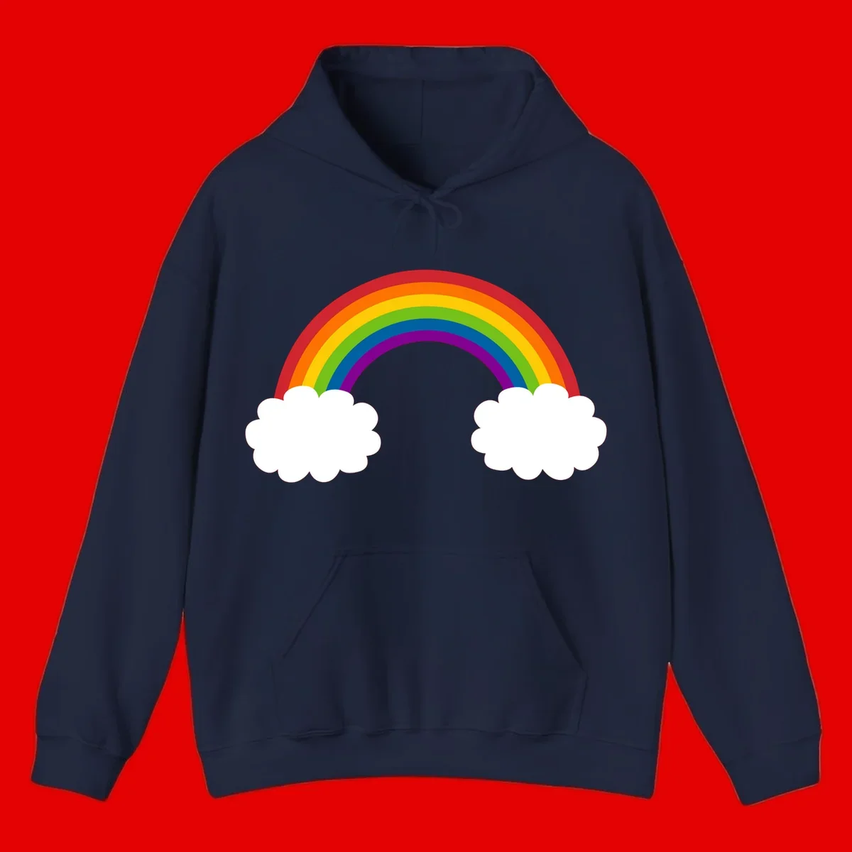 Vibrant rainbow arc spanning between two white clouds on gray background, rainbow-cloud-bridge design