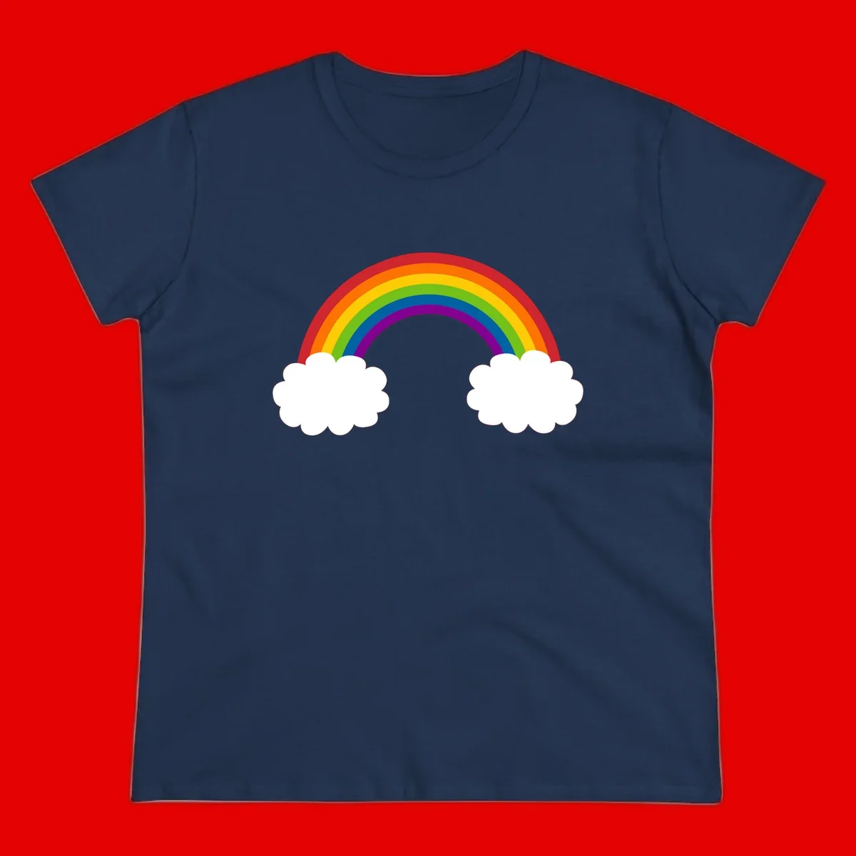 Vibrant rainbow arc spanning between two white clouds on gray background, rainbow-cloud-bridge design