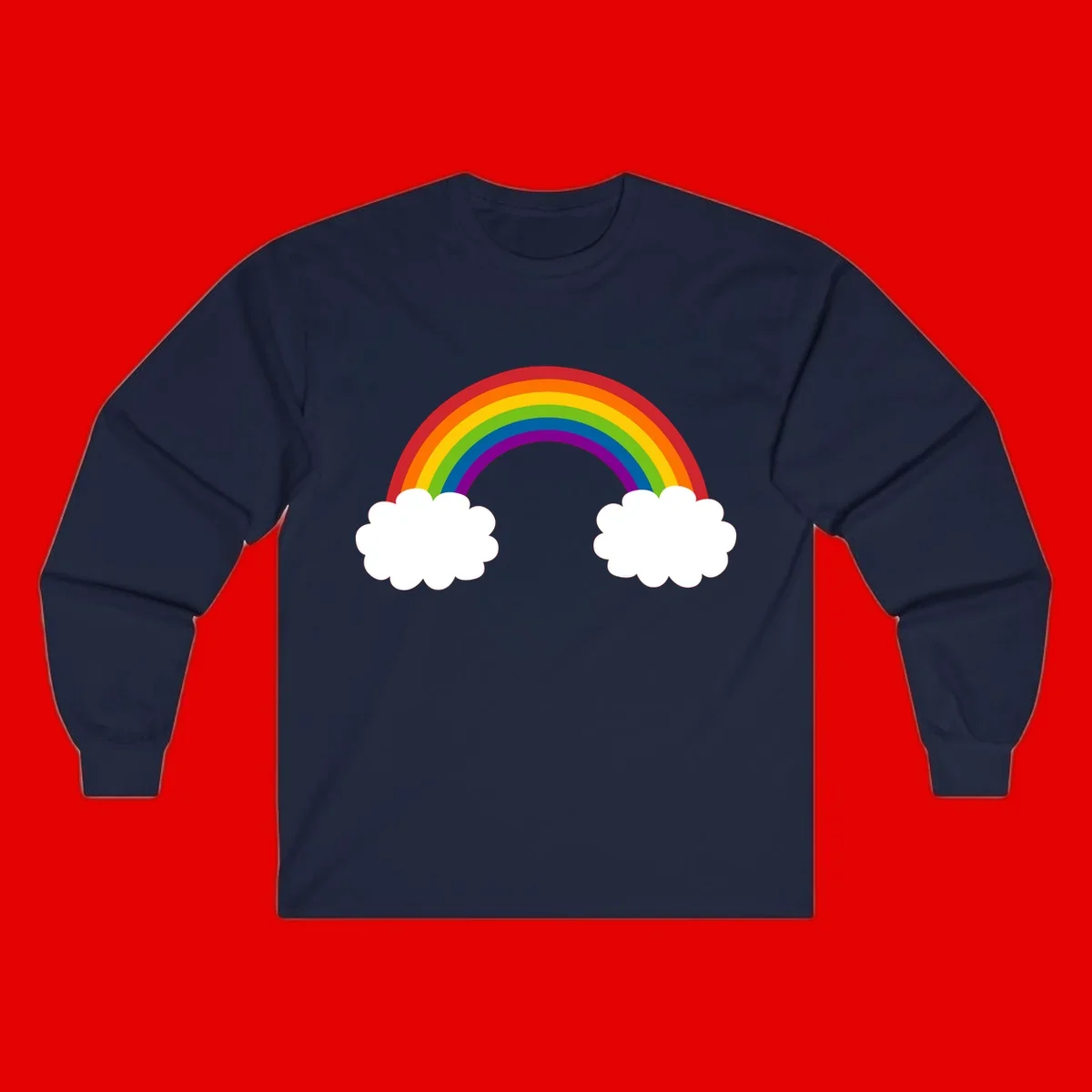 Vibrant rainbow arc spanning between two white clouds on gray background, rainbow-cloud-bridge design