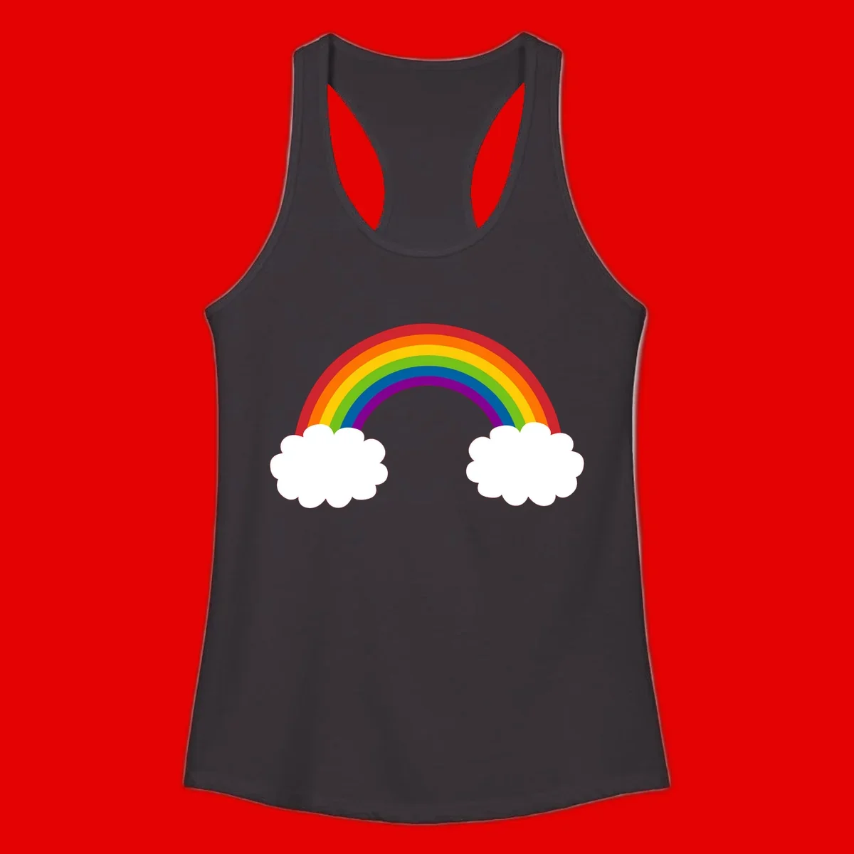 Vibrant rainbow arc spanning between two white clouds on gray background, rainbow-cloud-bridge design