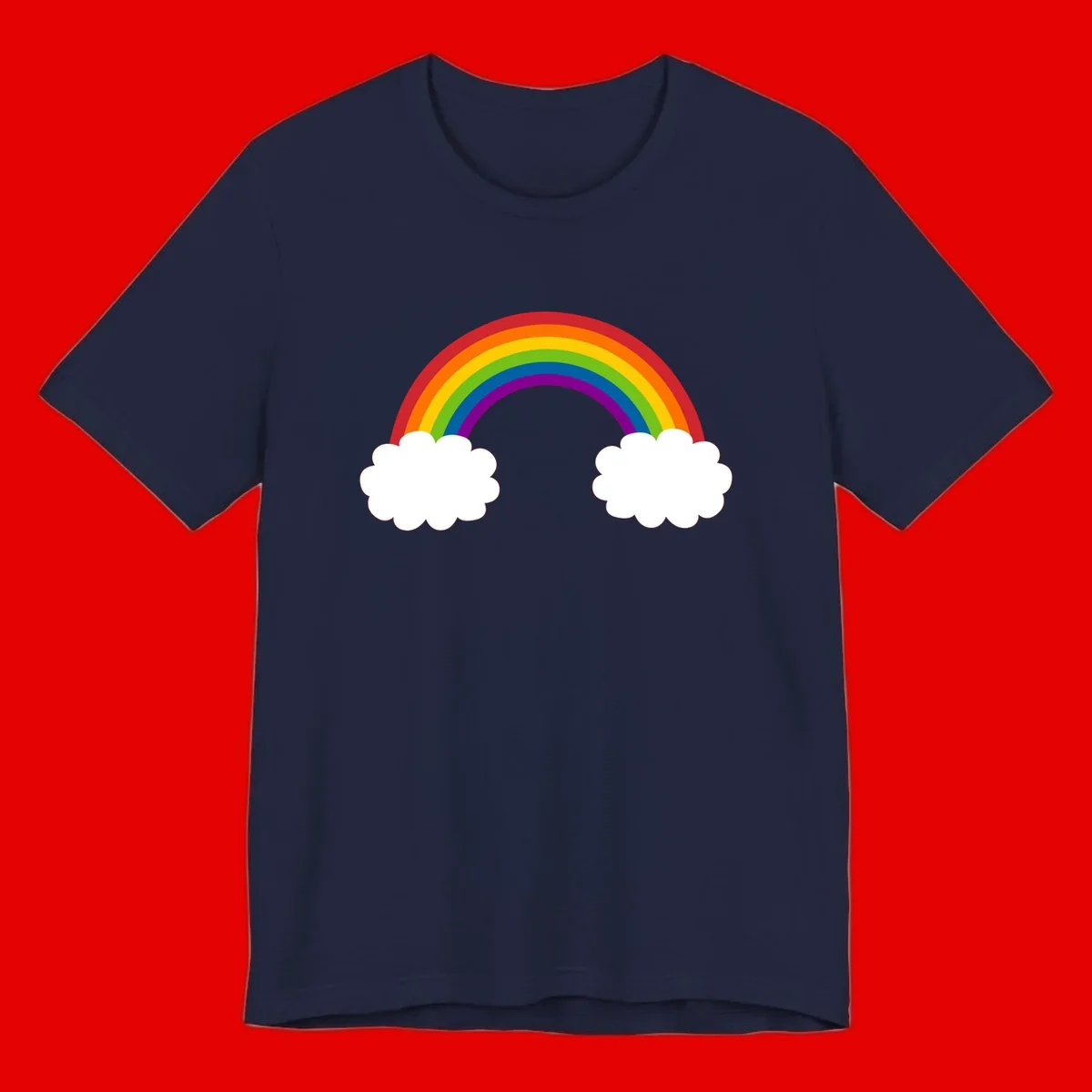 Vibrant rainbow arc spanning between two white clouds on gray background, rainbow-cloud-bridge design