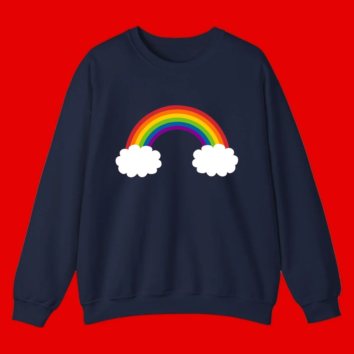 Vibrant rainbow arc spanning between two white clouds on gray background, rainbow-cloud-bridge design