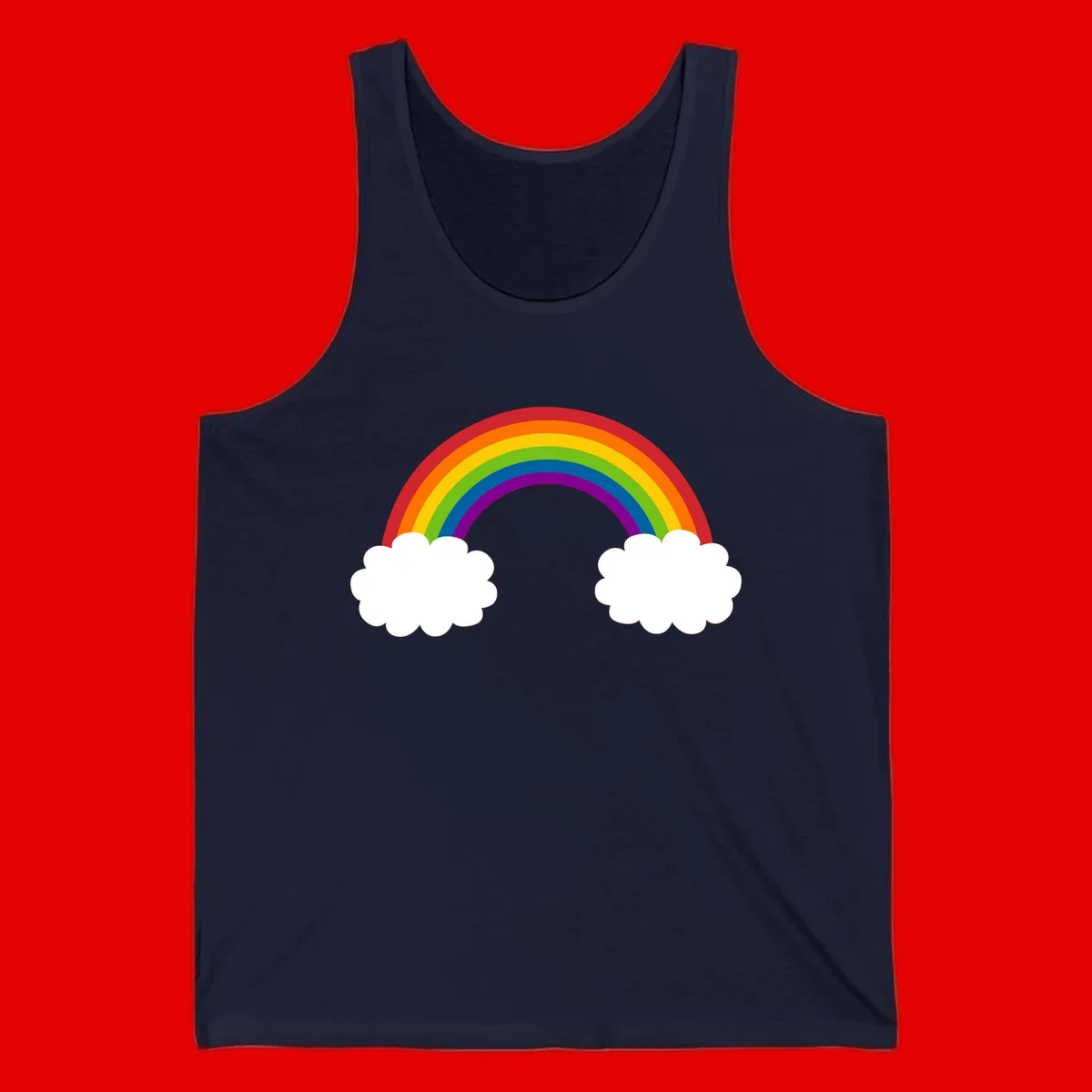 Vibrant rainbow arc spanning between two white clouds on gray background, rainbow-cloud-bridge design