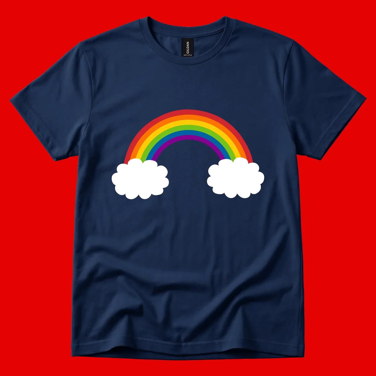 Vibrant rainbow arc spanning between two white clouds on gray background, rainbow-cloud-bridge design