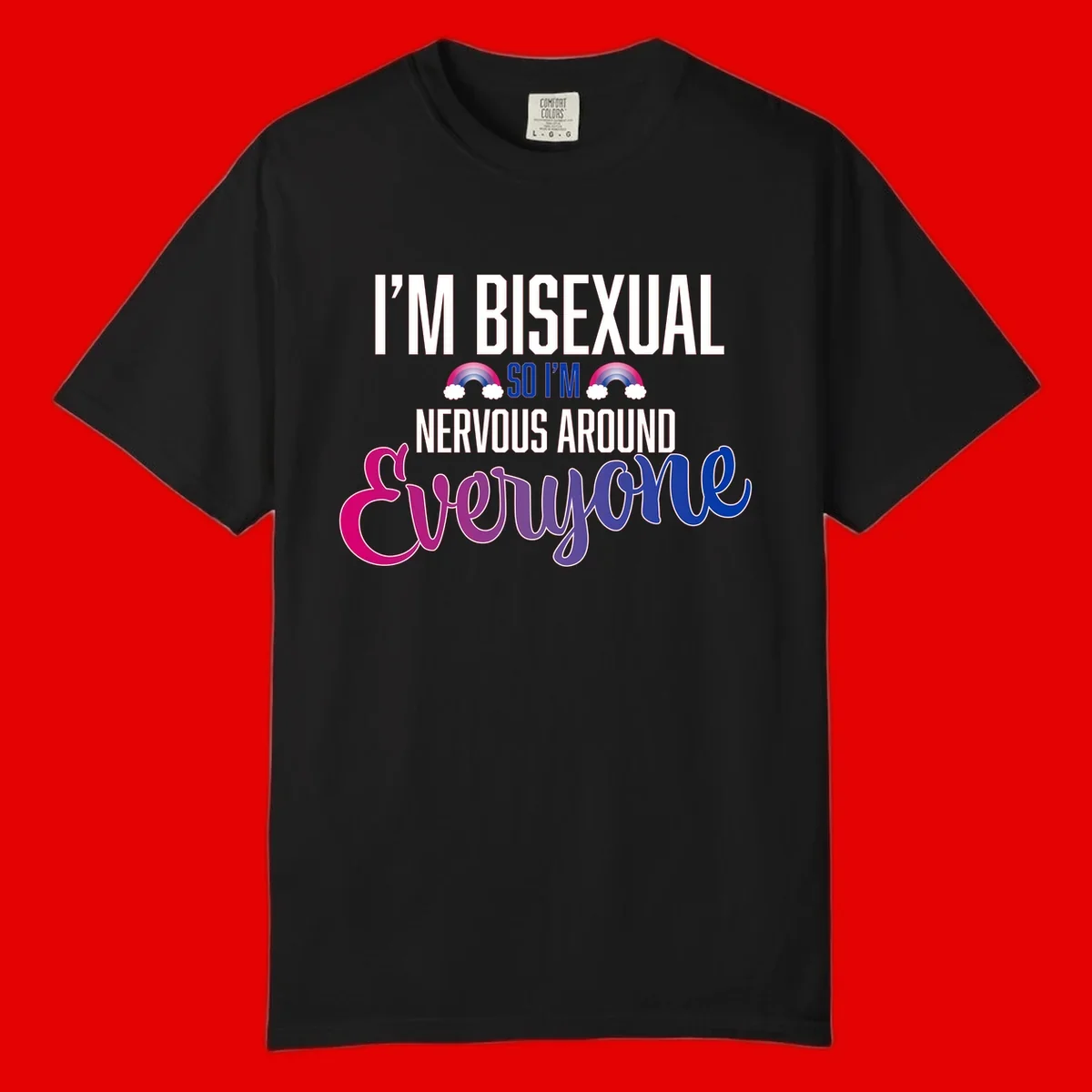 Bisexual nervous energy design with white text and rainbow clouds on gray background, featuring humorous pride message