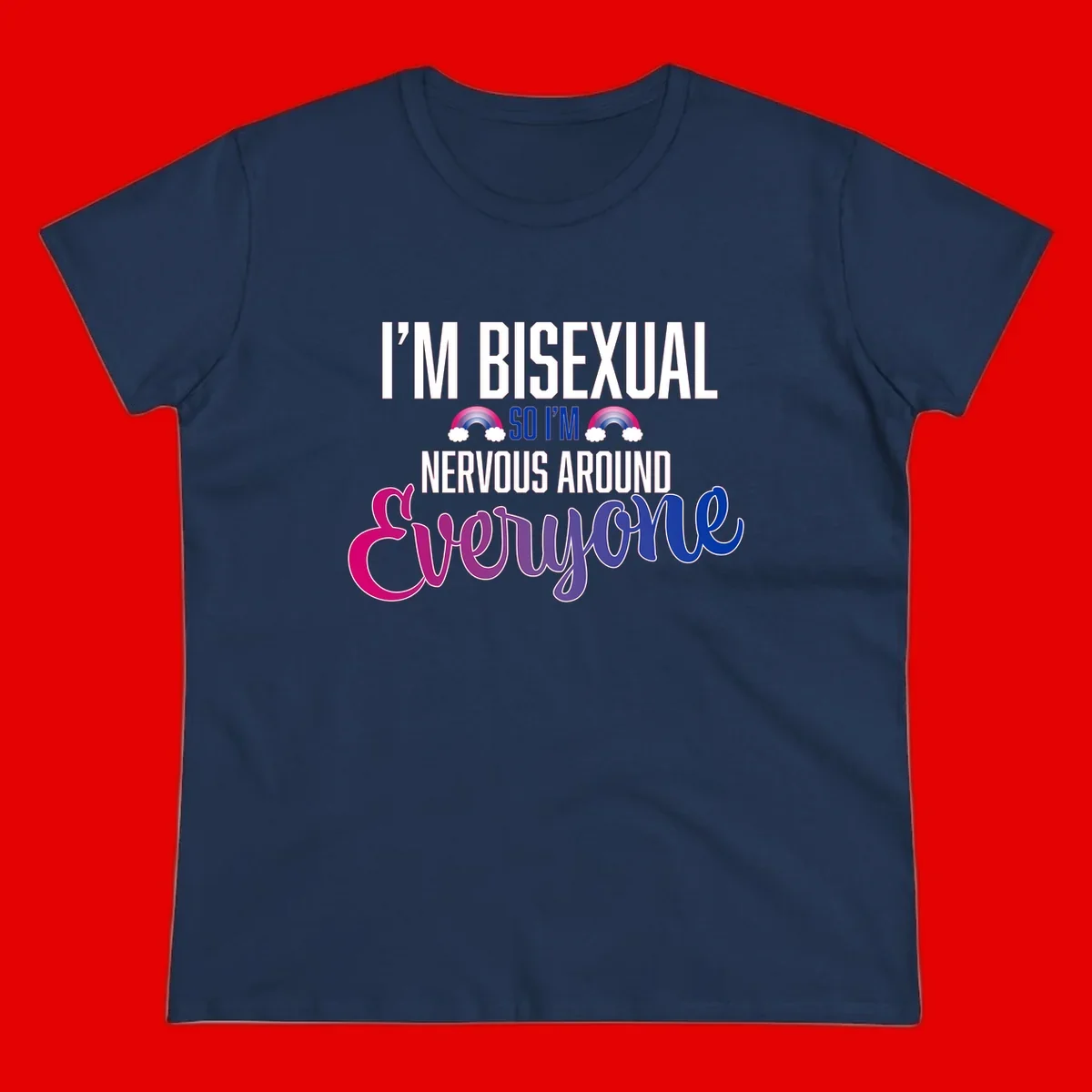 Bisexual nervous energy design with white text and rainbow clouds on gray background, featuring humorous pride message