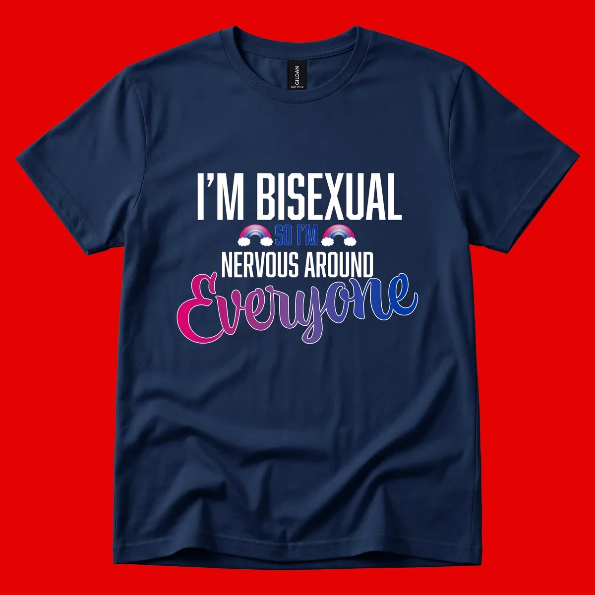 Bisexual nervous energy design with white text and rainbow clouds on gray background, featuring humorous pride message