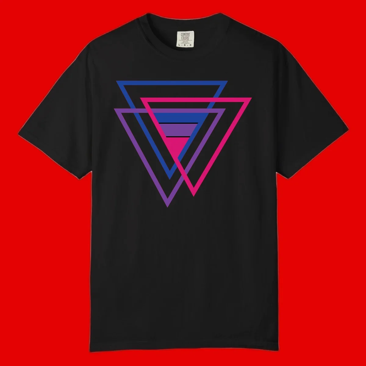 Nested triangles pride design with concentric blue, magenta, and purple geometric layers and black accent lines