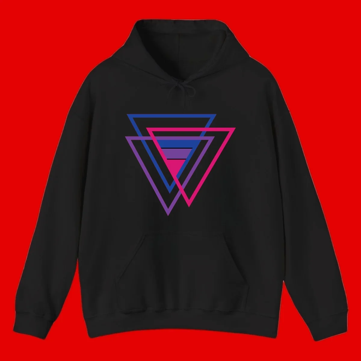 Nested triangles pride design with concentric blue, magenta, and purple geometric layers and black accent lines