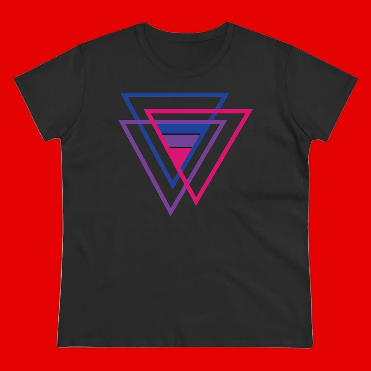 Nested triangles pride design with concentric blue, magenta, and purple geometric layers and black accent lines