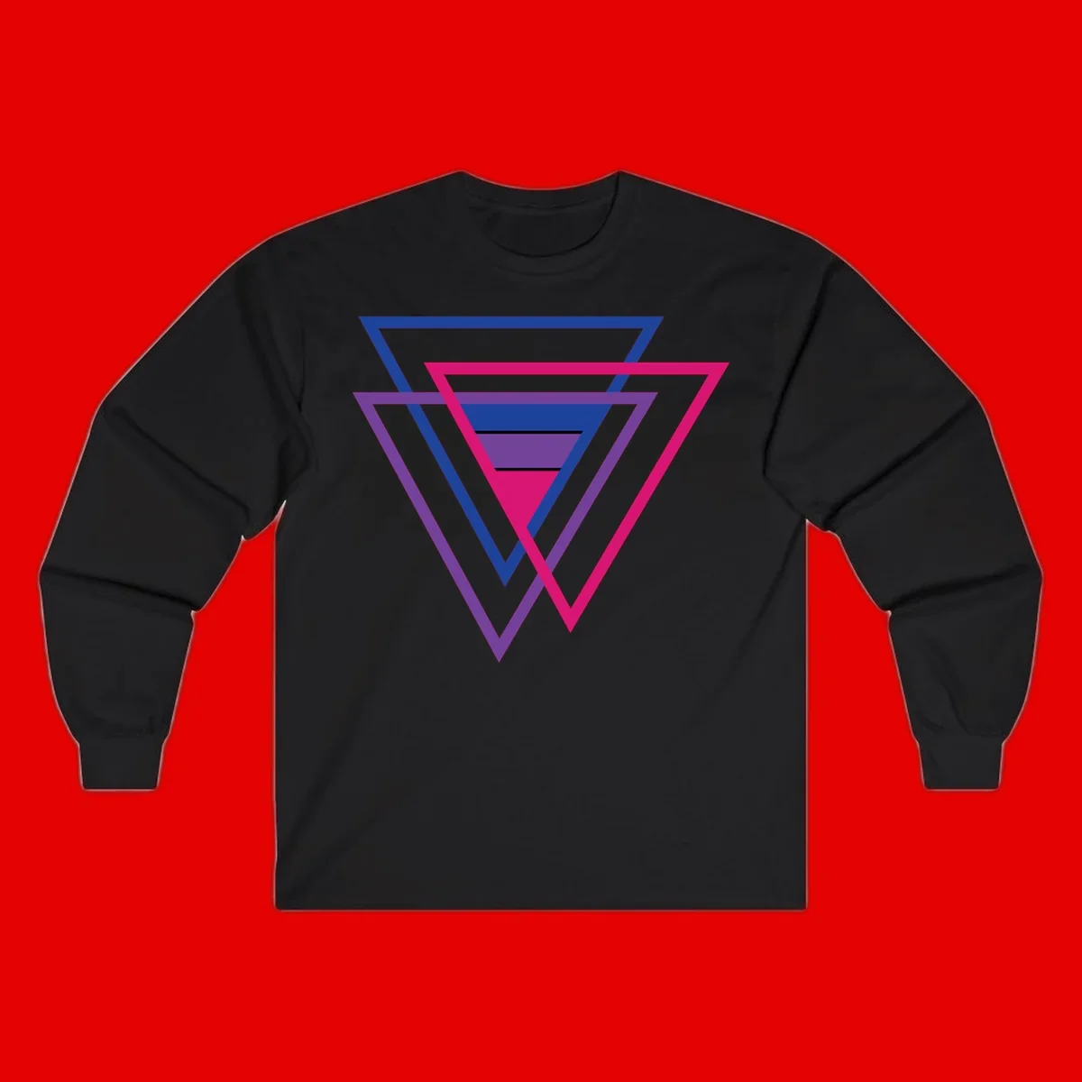 Nested triangles pride design with concentric blue, magenta, and purple geometric layers and black accent lines