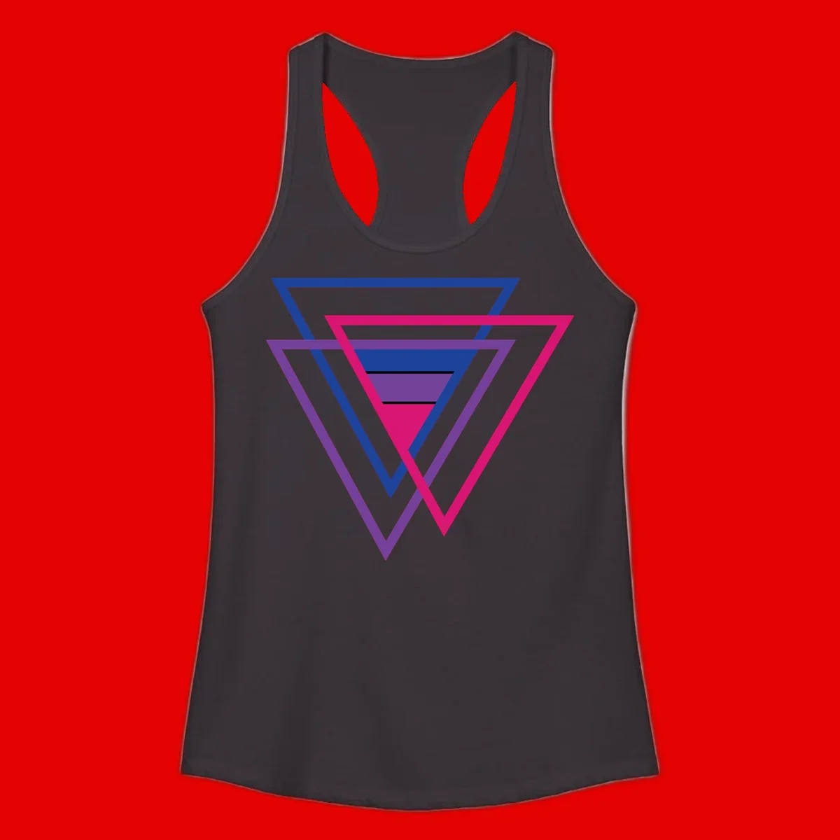 Nested triangles pride design with concentric blue, magenta, and purple geometric layers and black accent lines