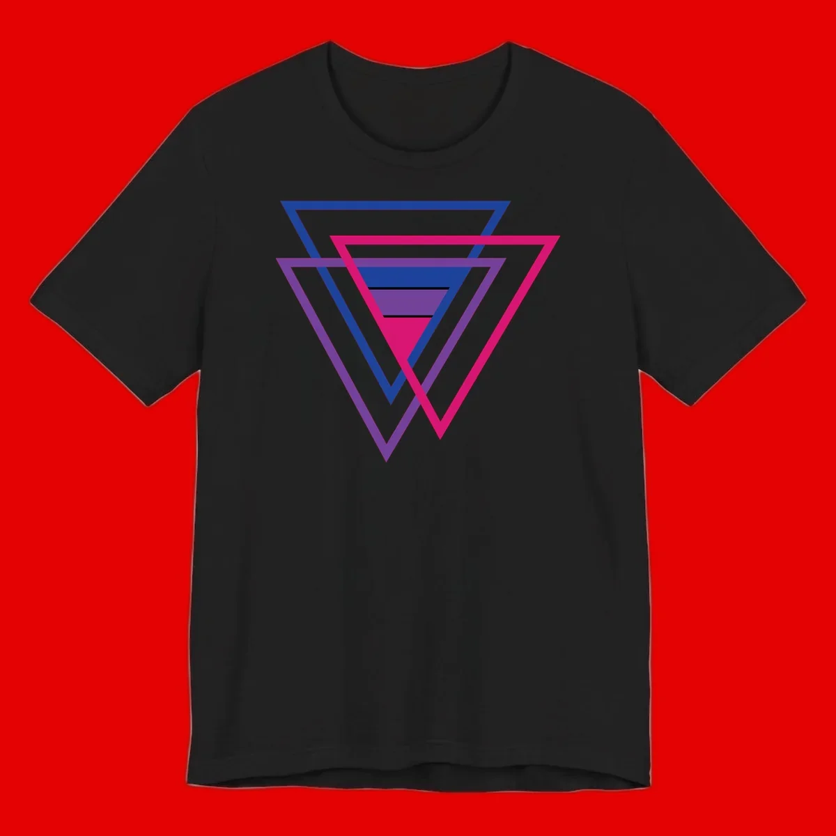 Nested triangles pride design with concentric blue, magenta, and purple geometric layers and black accent lines