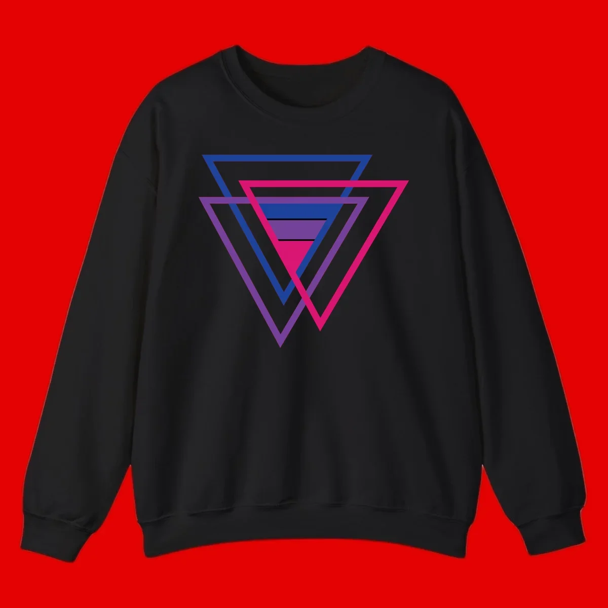 Nested triangles pride design with concentric blue, magenta, and purple geometric layers and black accent lines