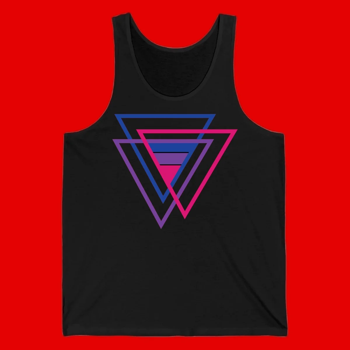 Nested triangles pride design with concentric blue, magenta, and purple geometric layers and black accent lines